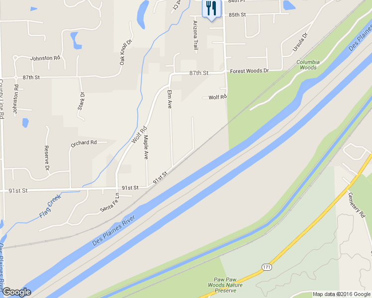 map of restaurants, bars, coffee shops, grocery stores, and more near 11300 91st Street in Burr Ridge