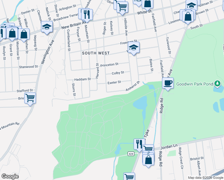 map of restaurants, bars, coffee shops, grocery stores, and more near 266 Roger Street in Hartford