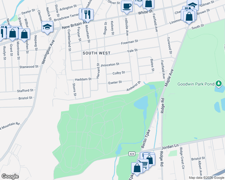 map of restaurants, bars, coffee shops, grocery stores, and more near 266 Roger Street in Hartford
