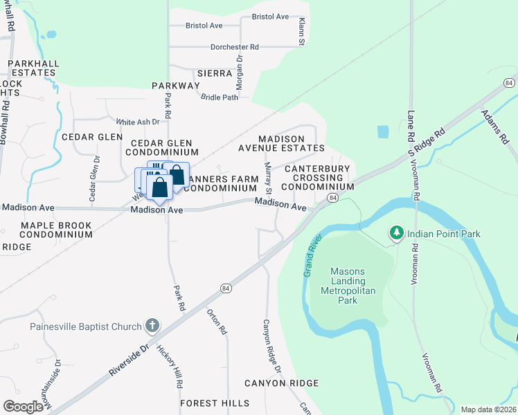 map of restaurants, bars, coffee shops, grocery stores, and more near 2521 Madison Avenue in Painesville