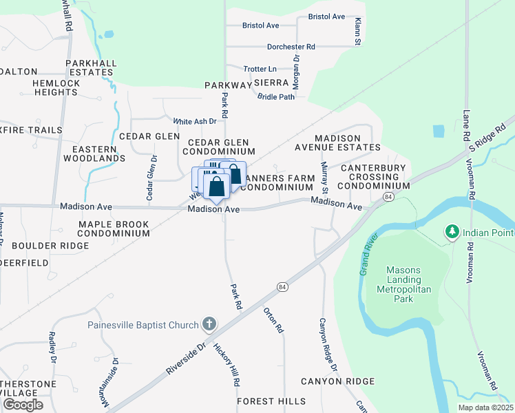map of restaurants, bars, coffee shops, grocery stores, and more near 1605 Madison Avenue in Painesville