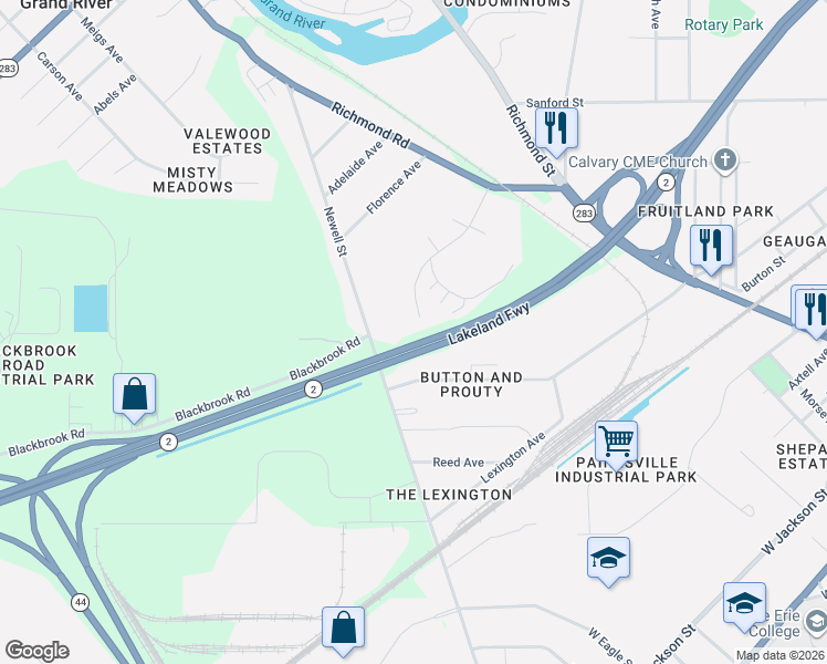 map of restaurants, bars, coffee shops, grocery stores, and more near 120 Palm Court in Painesville