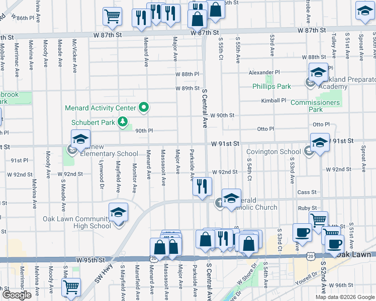 map of restaurants, bars, coffee shops, grocery stores, and more near 9100 Parkside Avenue in Oak Lawn
