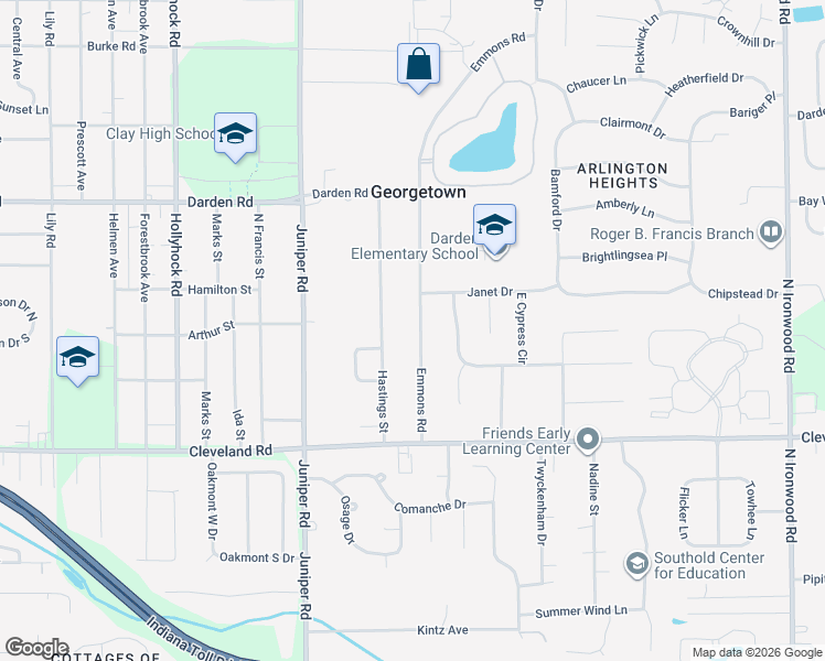 map of restaurants, bars, coffee shops, grocery stores, and more near 52775 Emmons Road in South Bend