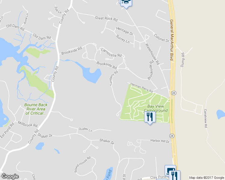 map of restaurants, bars, coffee shops, grocery stores, and more near 6 Turnberry Road in Bourne