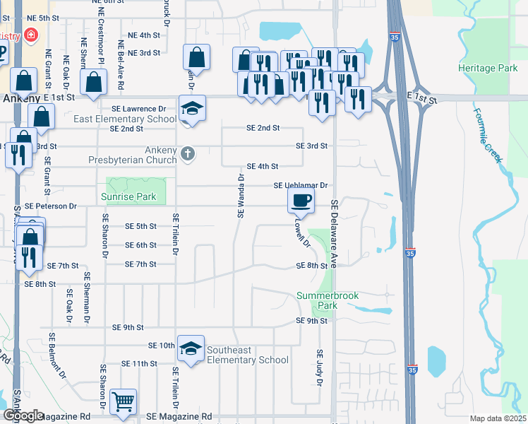 map of restaurants, bars, coffee shops, grocery stores, and more near 906 Southeast Peterson Drive in Ankeny