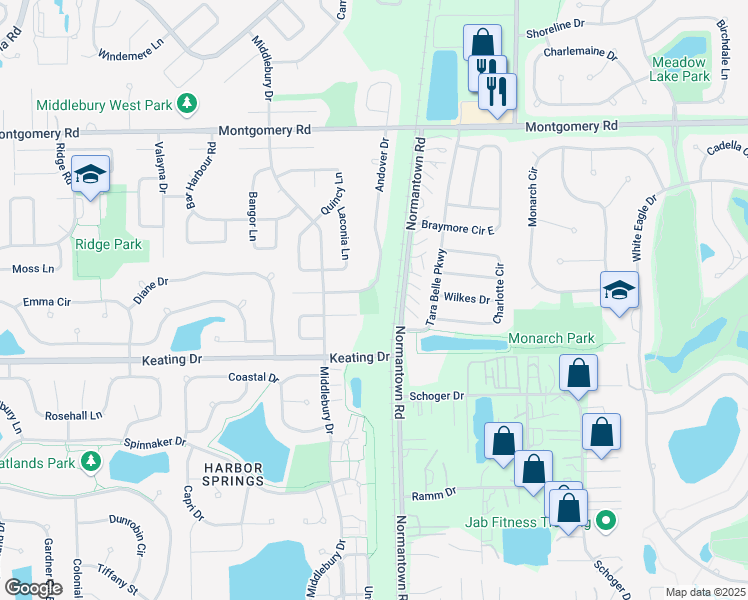 map of restaurants, bars, coffee shops, grocery stores, and more near 1450 Andover Drive in Aurora