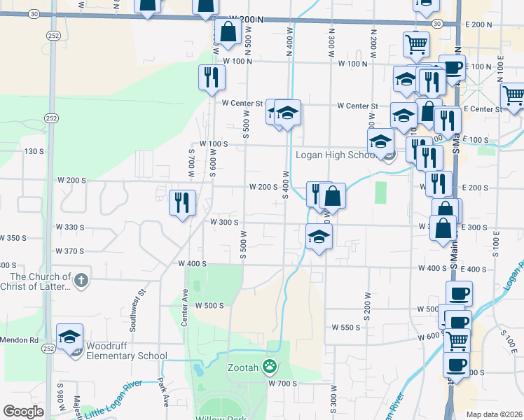 map of restaurants, bars, coffee shops, grocery stores, and more near 220 South 500 West in Logan