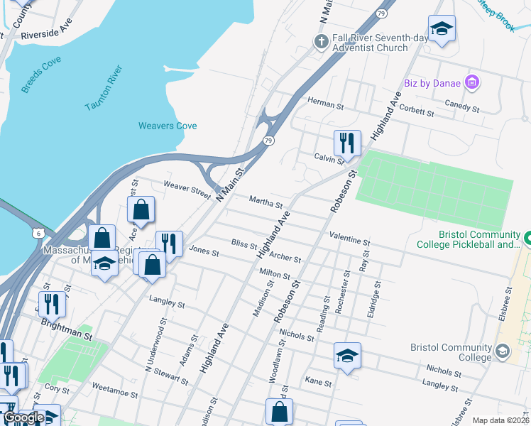 map of restaurants, bars, coffee shops, grocery stores, and more near 117 Martha Street in Fall River