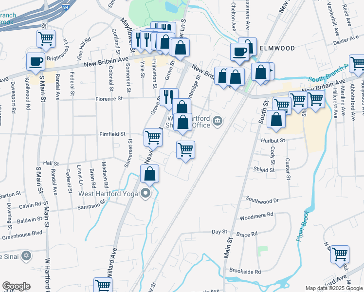 map of restaurants, bars, coffee shops, grocery stores, and more near 59 Prescott Street in West Hartford