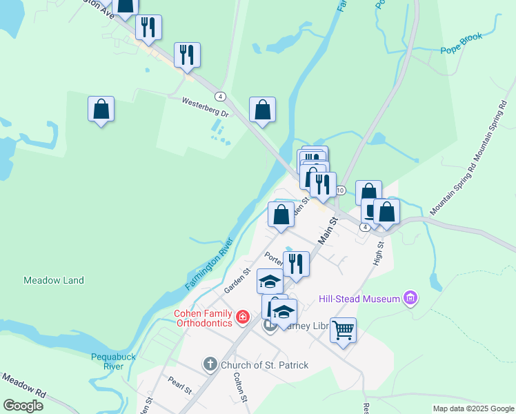 map of restaurants, bars, coffee shops, grocery stores, and more near 18 Hobart Street in Farmington