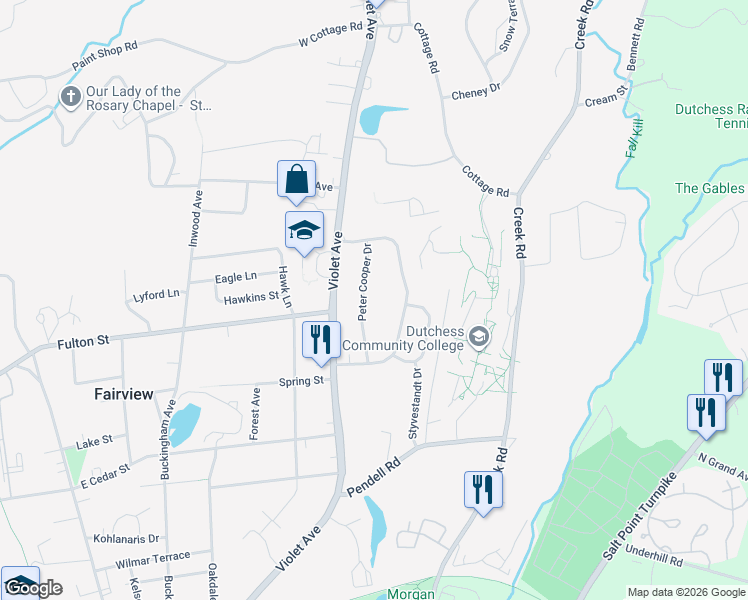 map of restaurants, bars, coffee shops, grocery stores, and more near 24 Peter Cooper Drive in Poughkeepsie