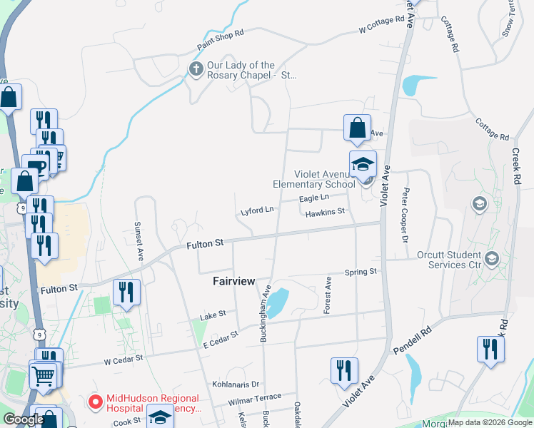 map of restaurants, bars, coffee shops, grocery stores, and more near 9 Lyford Lane in Poughkeepsie