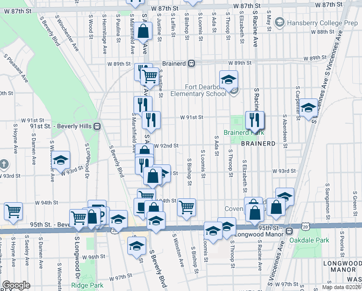 map of restaurants, bars, coffee shops, grocery stores, and more near 9153 South Laflin Street in Chicago