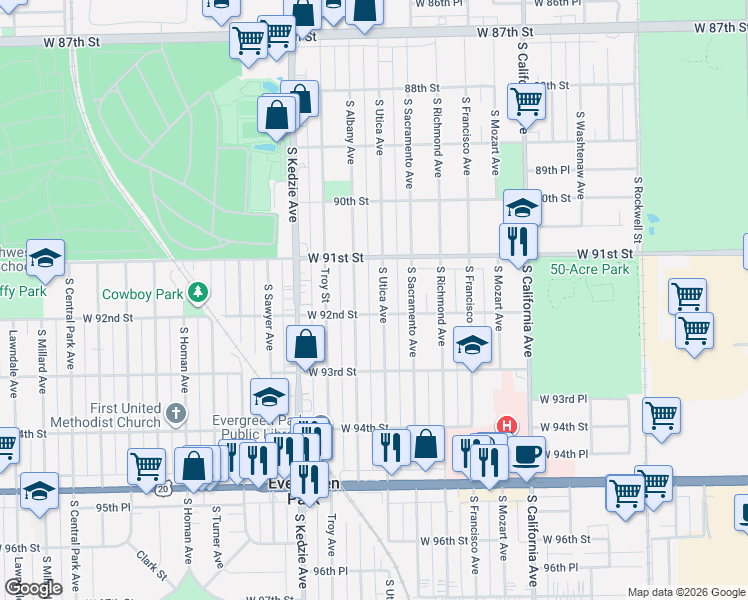 map of restaurants, bars, coffee shops, grocery stores, and more near 9137 South Albany Avenue in Chicago