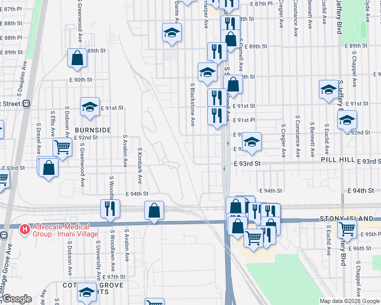map of restaurants, bars, coffee shops, grocery stores, and more near 9224 South Blackstone Avenue in Chicago