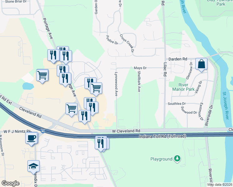 map of restaurants, bars, coffee shops, grocery stores, and more near Lynnewood Avenue in St. Joseph County