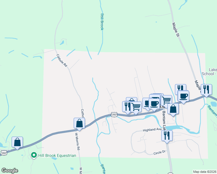 map of restaurants, bars, coffee shops, grocery stores, and more near 56 Bantam Terrace in Litchfield
