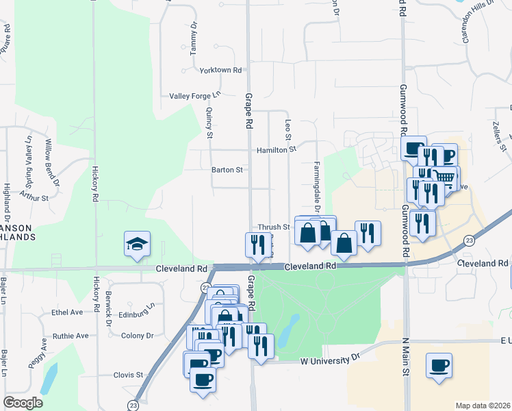 map of restaurants, bars, coffee shops, grocery stores, and more near 52735-52879 Ruth Street in Granger