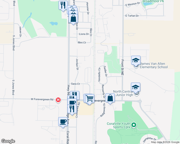 map of restaurants, bars, coffee shops, grocery stores, and more near 1639 Burr Drive in North Liberty