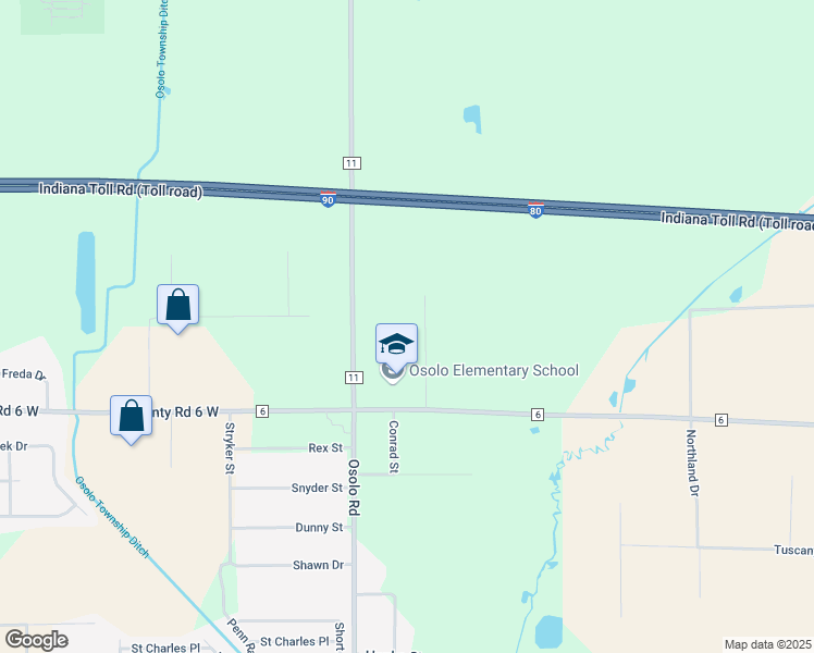 map of restaurants, bars, coffee shops, grocery stores, and more near 24975 County Road 6 in Elkhart