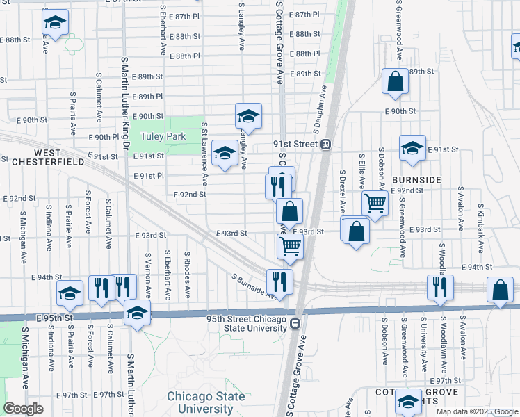 map of restaurants, bars, coffee shops, grocery stores, and more near 720 East 92nd Place in Chicago