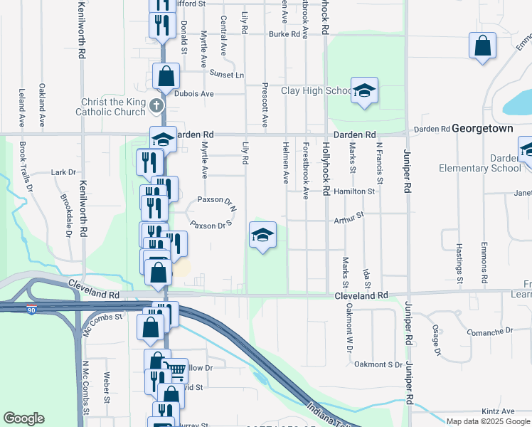 map of restaurants, bars, coffee shops, grocery stores, and more near 52900 Lily Road in South Bend