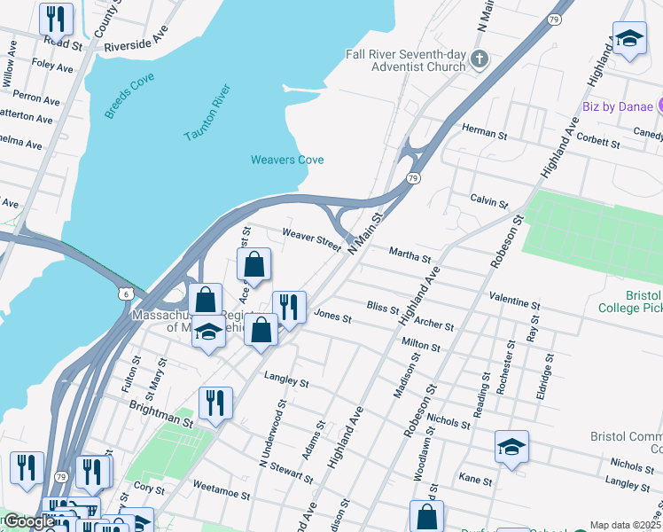 map of restaurants, bars, coffee shops, grocery stores, and more near 2074 North Main Street in Fall River