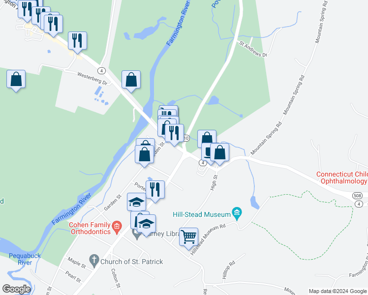 map of restaurants, bars, coffee shops, grocery stores, and more near 3 Waterville Road in Farmington