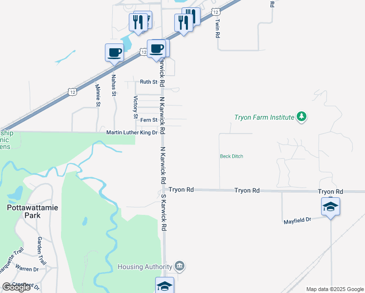 map of restaurants, bars, coffee shops, grocery stores, and more near 205 North Karwick Road in Michigan City