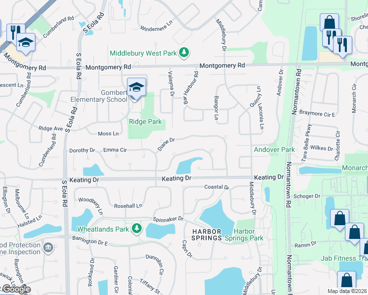 map of restaurants, bars, coffee shops, grocery stores, and more near 2909 Diane Drive in Aurora