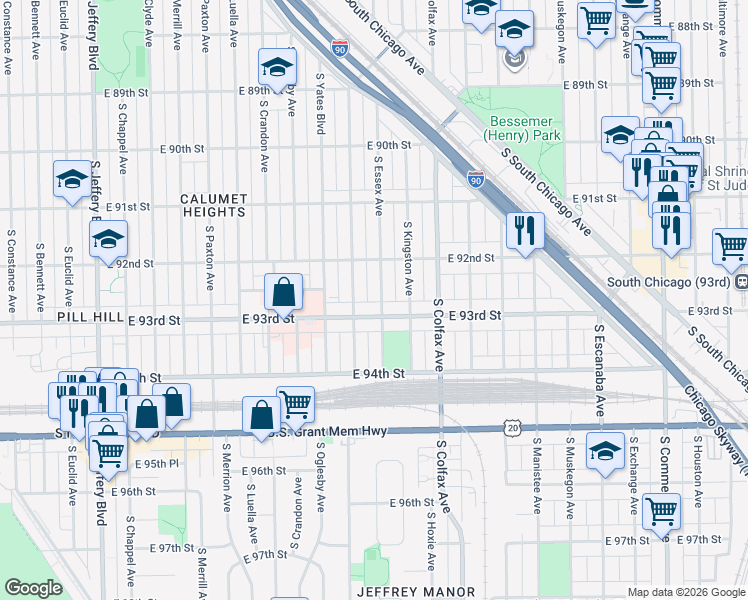 map of restaurants, bars, coffee shops, grocery stores, and more near 9242 South Essex Avenue in Chicago
