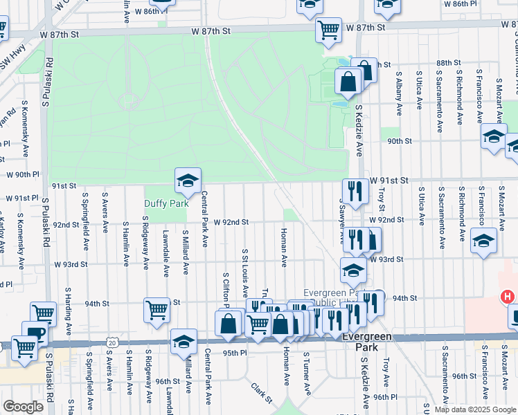 map of restaurants, bars, coffee shops, grocery stores, and more near 9136 South Trumbull Avenue in Evergreen Park