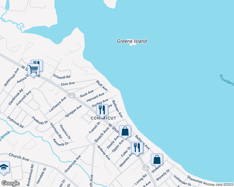 map of restaurants, bars, coffee shops, grocery stores, and more near 3 Dudley Avenue in Warwick