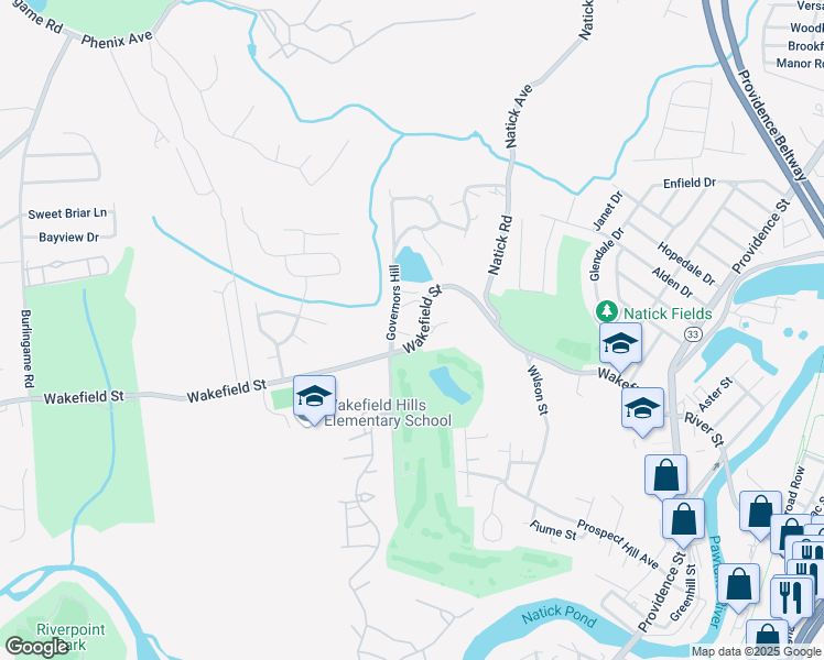 map of restaurants, bars, coffee shops, grocery stores, and more near 610 Wakefield Street in West Warwick