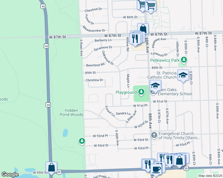 map of restaurants, bars, coffee shops, grocery stores, and more near 9025 Hawthorn Drive in Hickory Hills