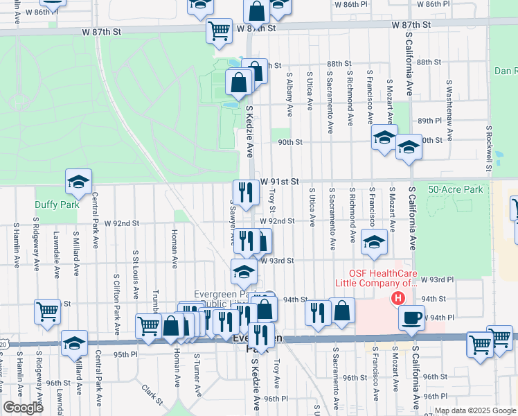 map of restaurants, bars, coffee shops, grocery stores, and more near 9139 South Kedzie Avenue in Evergreen Park