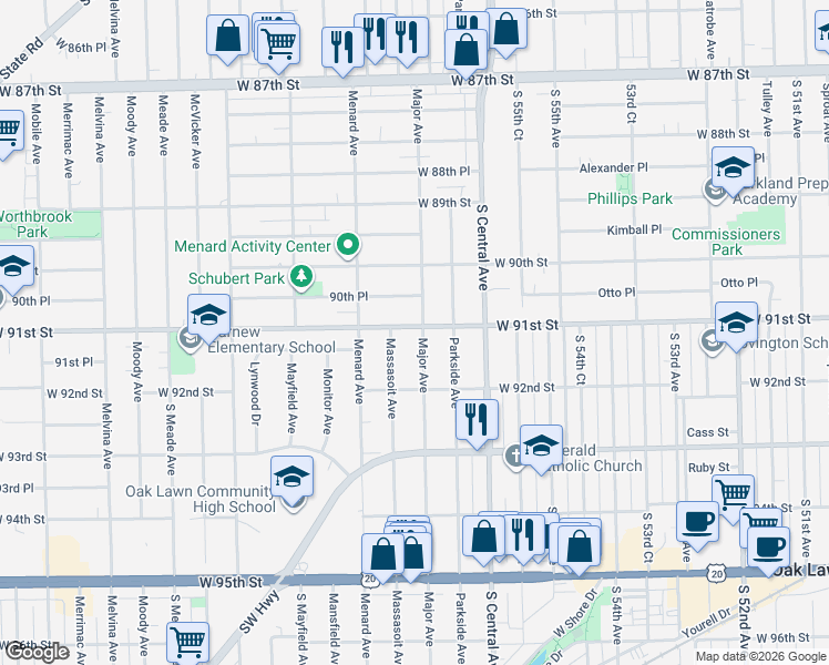 map of restaurants, bars, coffee shops, grocery stores, and more near 9100 Major Avenue in Oak Lawn