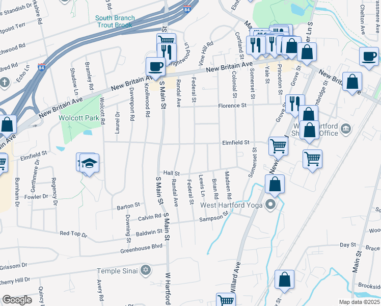 map of restaurants, bars, coffee shops, grocery stores, and more near 73 Federal Street in West Hartford