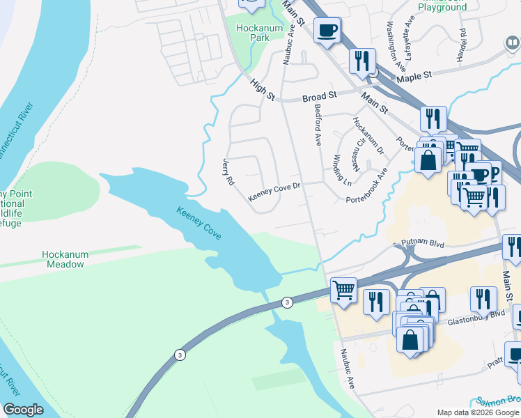 map of restaurants, bars, coffee shops, grocery stores, and more near 203 Jerry Road in East Hartford