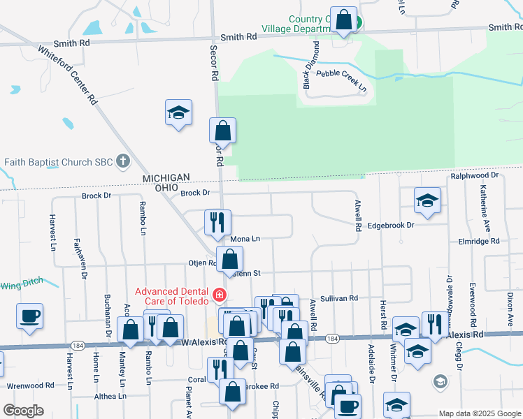 map of restaurants, bars, coffee shops, grocery stores, and more near 3202 Keemont Dr in Toledo