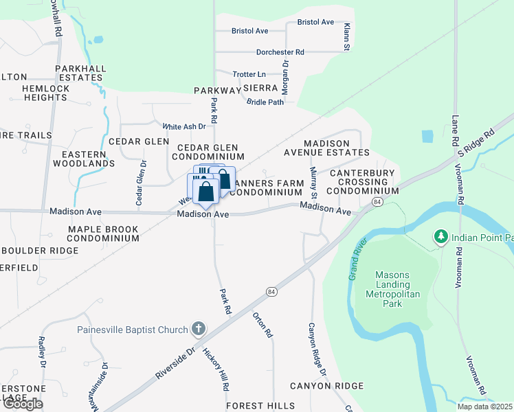 map of restaurants, bars, coffee shops, grocery stores, and more near 1605 Madison Avenue in Painesville