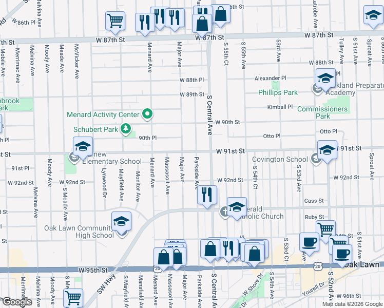 map of restaurants, bars, coffee shops, grocery stores, and more near 9100 Parkside Avenue in Oak Lawn