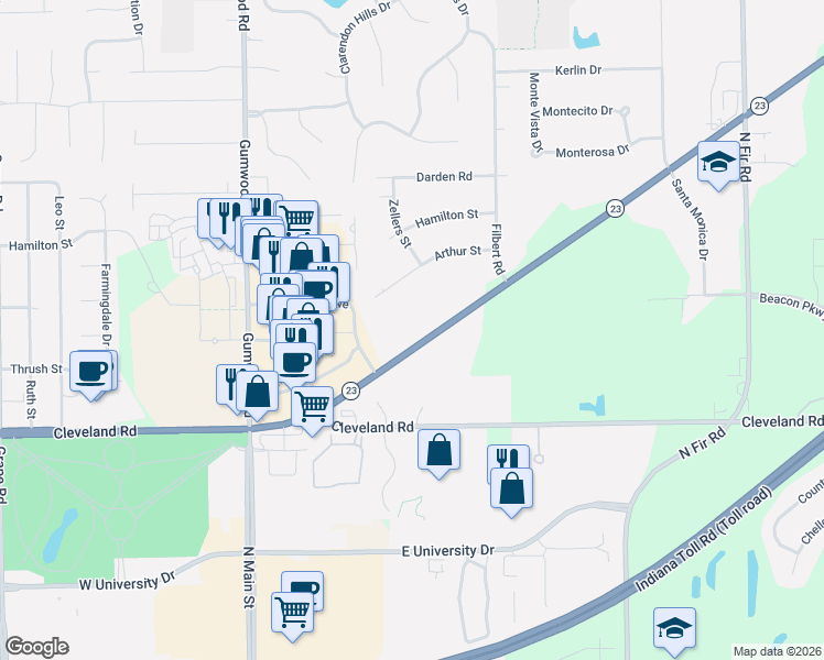 map of restaurants, bars, coffee shops, grocery stores, and more near 15665-15899 Edwardsburg Highway in Granger