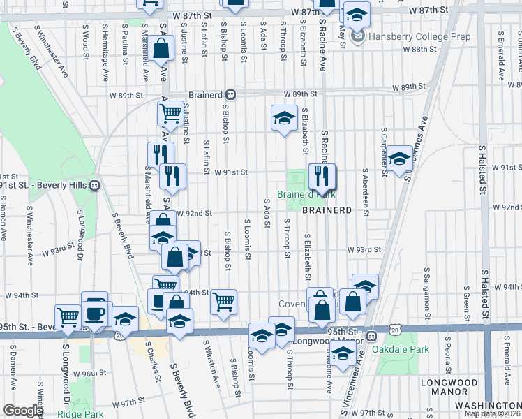 map of restaurants, bars, coffee shops, grocery stores, and more near 1342 West 92nd Street in Chicago