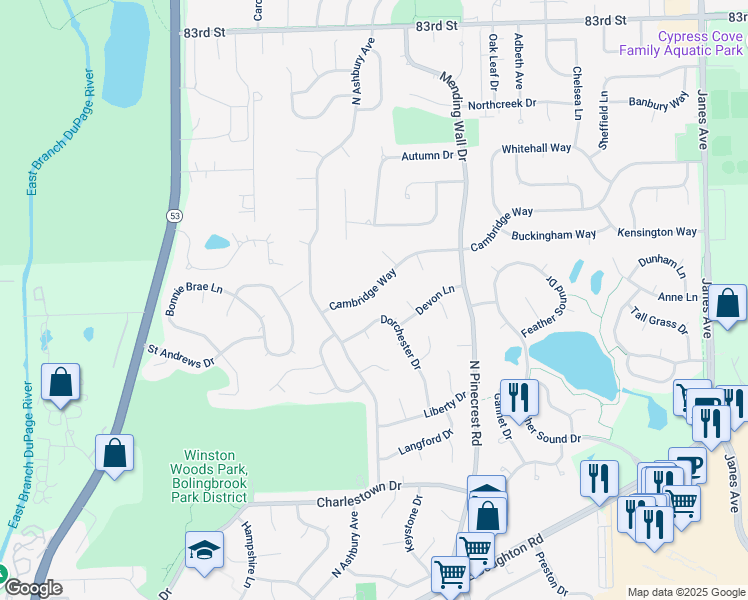 map of restaurants, bars, coffee shops, grocery stores, and more near 421 Cambridge Way in Bolingbrook