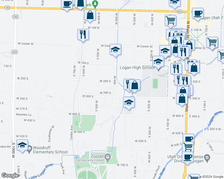 map of restaurants, bars, coffee shops, grocery stores, and more near 239 South 400 West in Logan