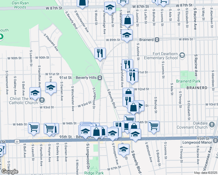 map of restaurants, bars, coffee shops, grocery stores, and more near 1718 West 92nd Street in Chicago
