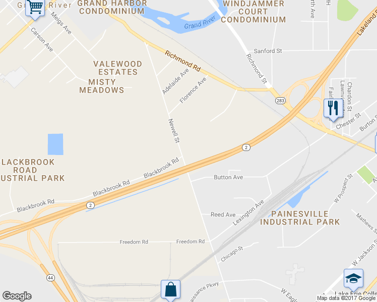 map of restaurants, bars, coffee shops, grocery stores, and more near 792 Newell Street in Painesville