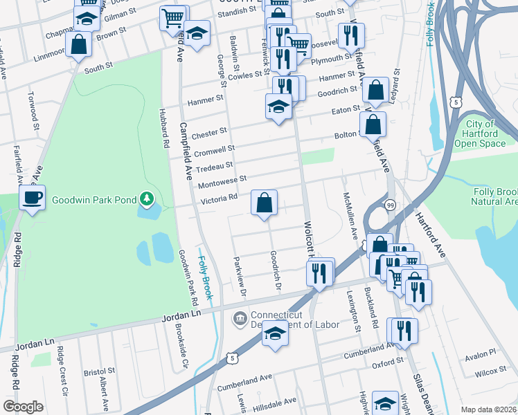 map of restaurants, bars, coffee shops, grocery stores, and more near 48 Stillman Road in Wethersfield